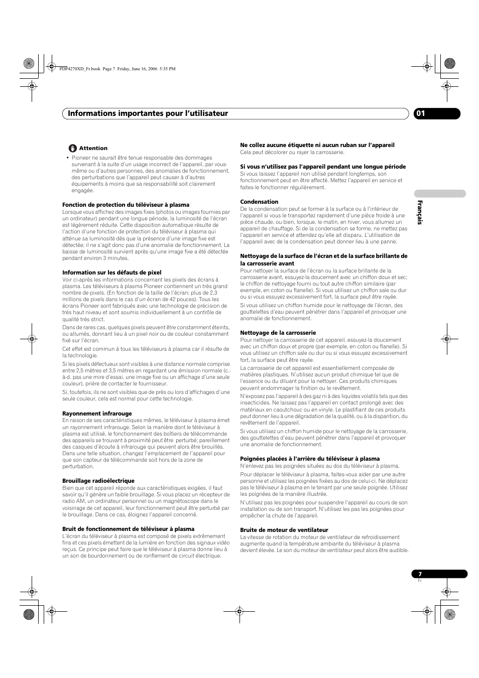 Informations importantes pour l’utilisateur 01 | Pioneer PDP-4270XD User Manual | Page 65 / 176