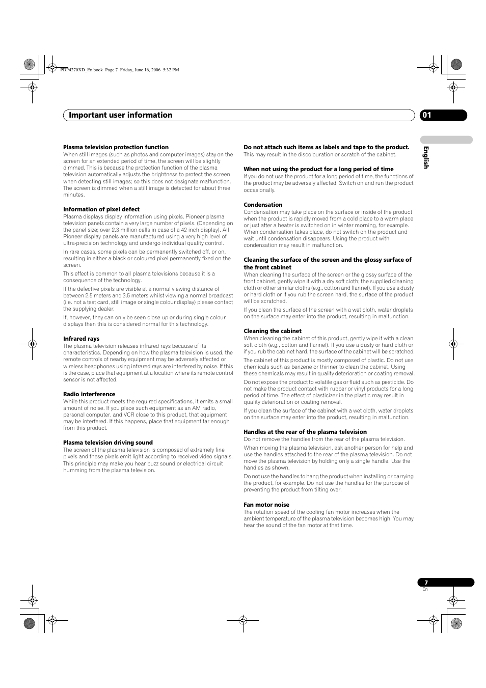 Important user information 01 | Pioneer PDP-4270XD User Manual | Page 7 / 176