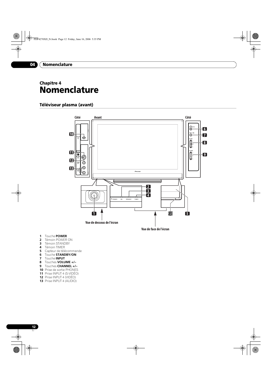 04 nomenclature, Téléviseur plasma (avant), Nomenclature | Pioneer PDP-4270XD User Manual | Page 70 / 176