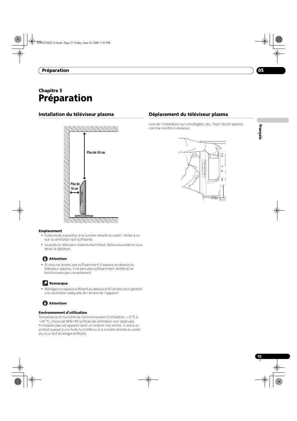 05 préparation, Installation du téléviseur plasma, Déplacement du téléviseur plasma | Préparation | Pioneer PDP-4270XD User Manual | Page 73 / 176