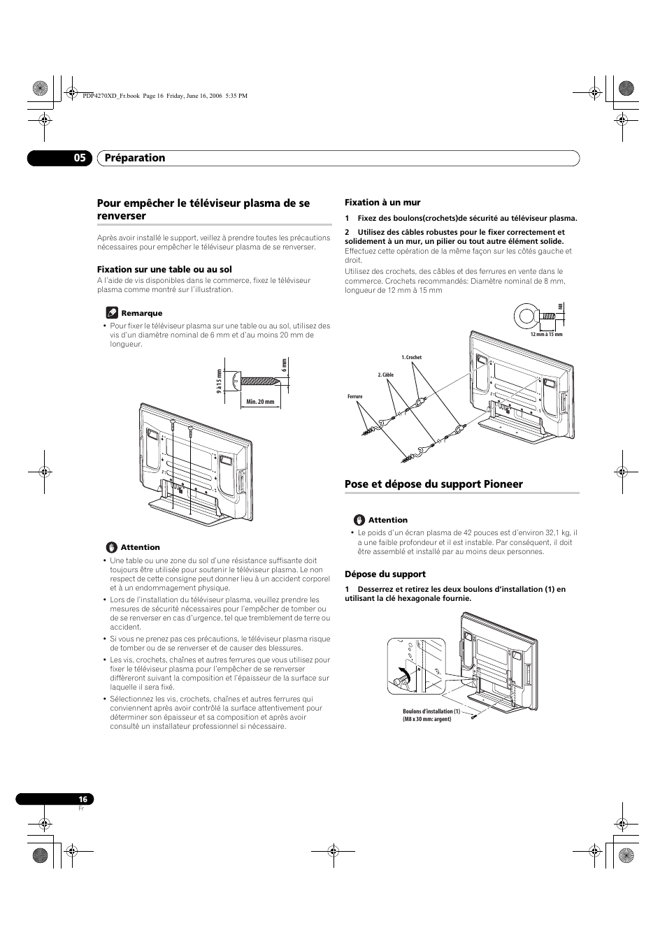 Pour empêcher le téléviseur plasma de se renverser, Fixation sur une table ou au sol, Fixation à un mur | Pose et dépose du support pioneer, Dépose du support, Préparation 05 | Pioneer PDP-4270XD User Manual | Page 74 / 176