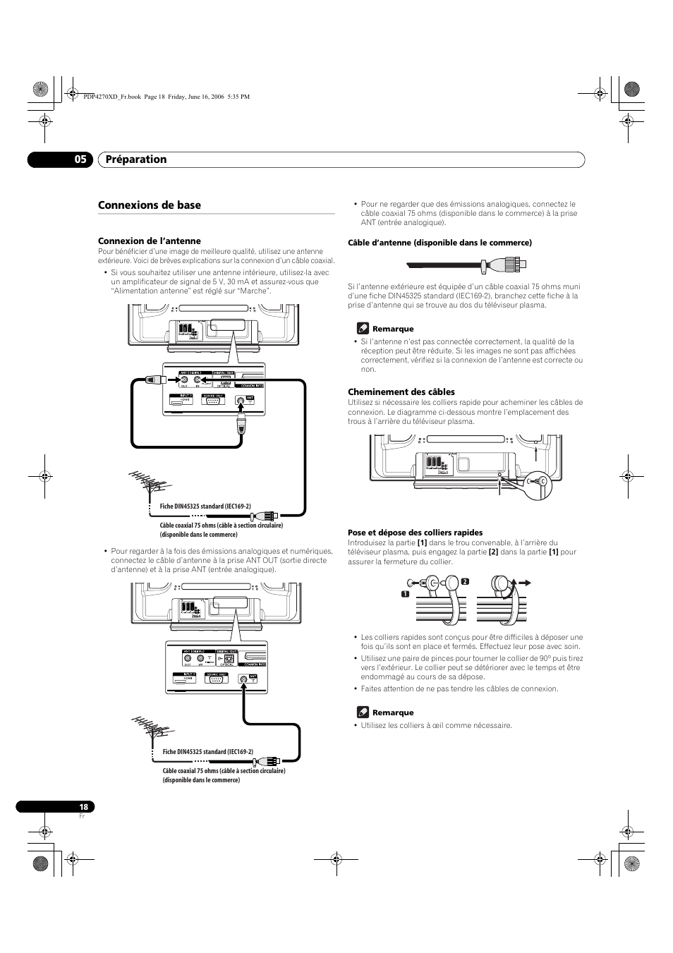 Connexions de base, Connexion de l’antenne, Cheminement des câbles | Préparation 05 | Pioneer PDP-4270XD User Manual | Page 76 / 176