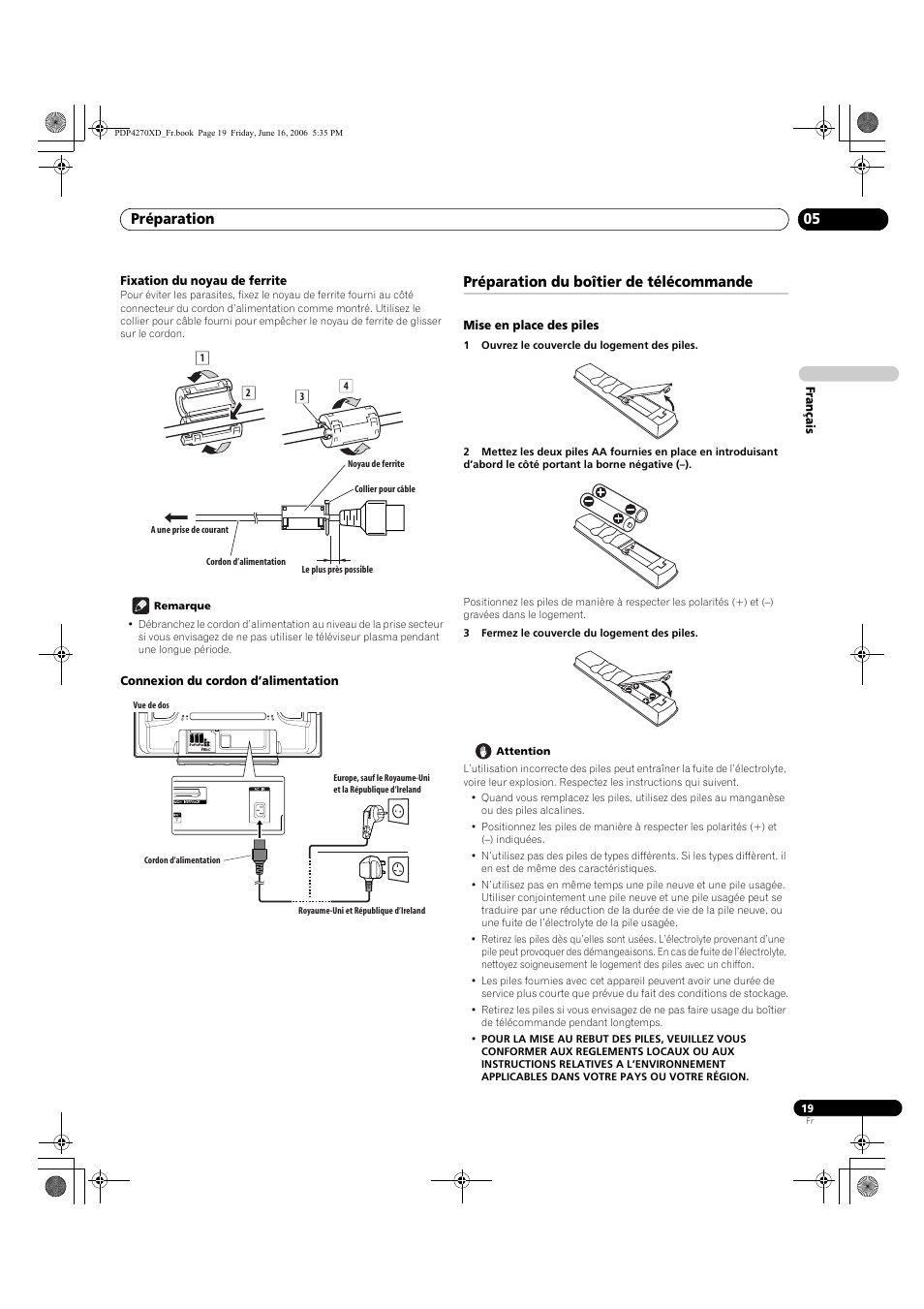 Fixation du noyau de ferrite, Connexion du cordon d’alimentation, Préparation du boîtier de télécommande | Mise en place des piles, Préparation 05 | Pioneer PDP-4270XD User Manual | Page 77 / 176