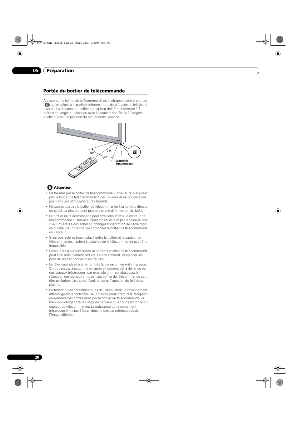 Portée du boîtier de télécommande, Préparation 05 | Pioneer PDP-4270XD User Manual | Page 78 / 176