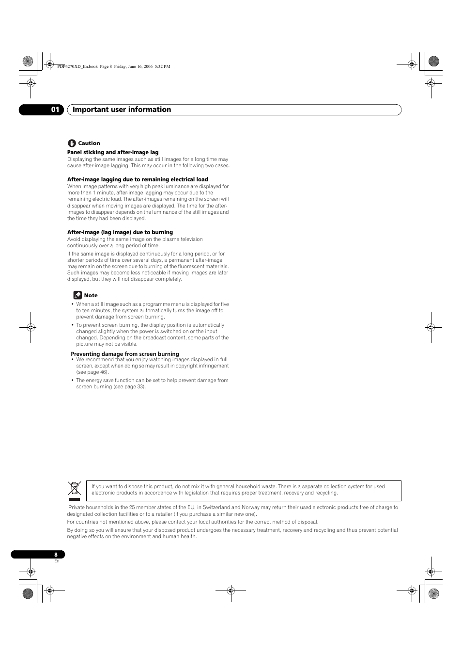 Important user information 01 | Pioneer PDP-4270XD User Manual | Page 8 / 176