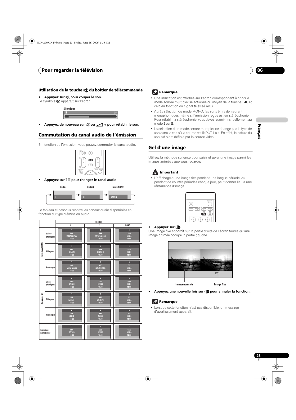 Utilisation de la touche, E du boîtier de télécommande, Commutation du canal audio de l’émission | Gel d’une image, Pour regarder la télévision 06 | Pioneer PDP-4270XD User Manual | Page 81 / 176