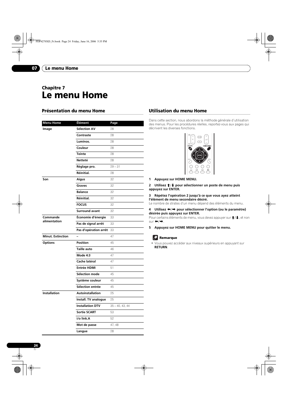 07 le menu home, Présentation du menu home, Utilisation du menu home | Le menu home, Le menu home 07, Chapitre 7, Présentation du menu home utilisation du menu home | Pioneer PDP-4270XD User Manual | Page 82 / 176