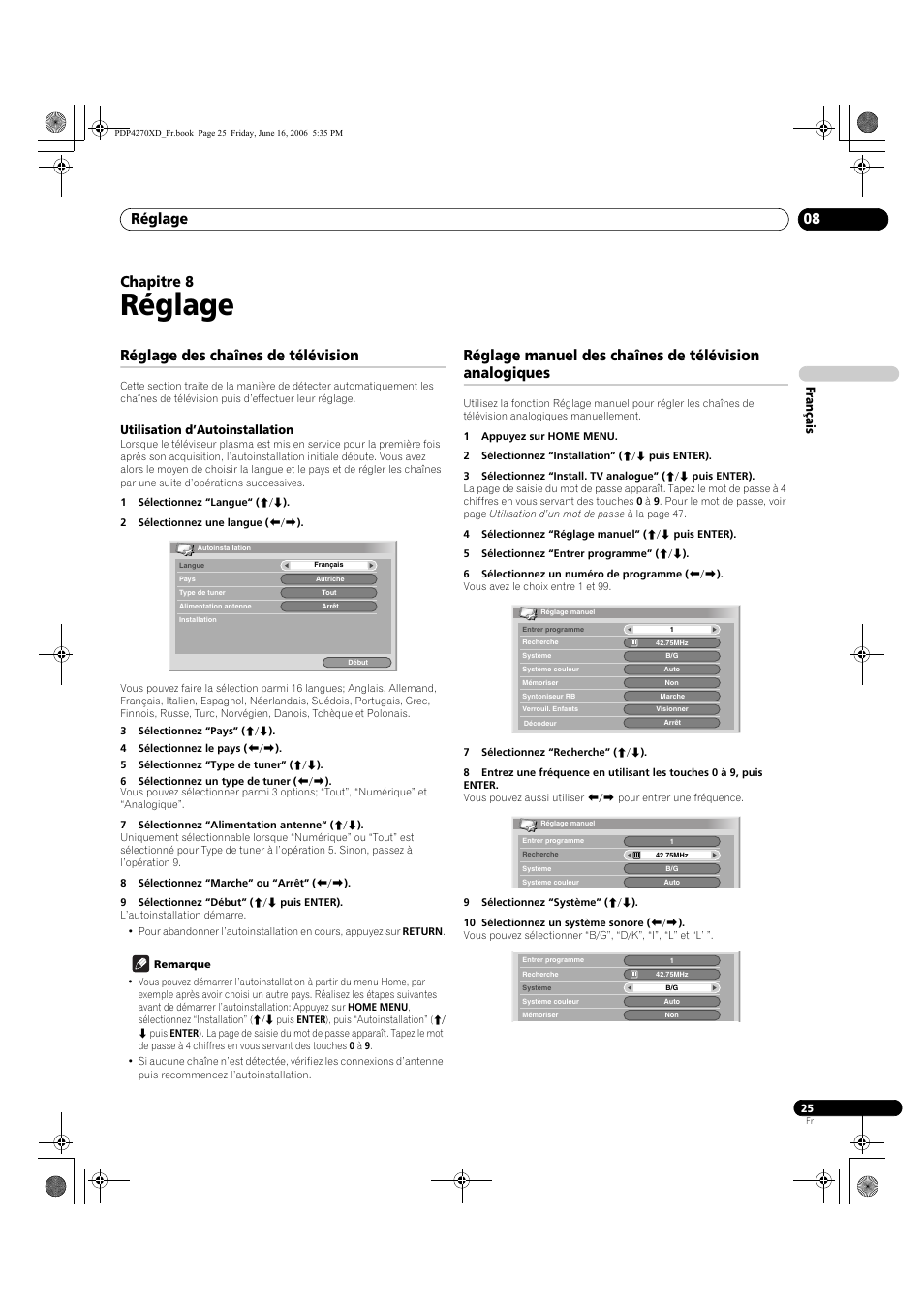 08 réglage, Réglage des chaînes de télévision, Utilisation d’autoinstallation | Réglage, Réglage 08, Chapitre 8 | Pioneer PDP-4270XD User Manual | Page 83 / 176