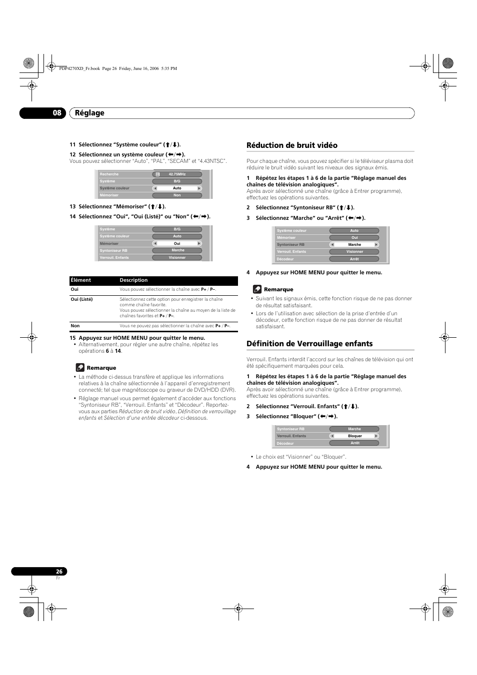 Réduction de bruit vidéo, Définition de verrouillage enfants, Réglage 08 | Pioneer PDP-4270XD User Manual | Page 84 / 176