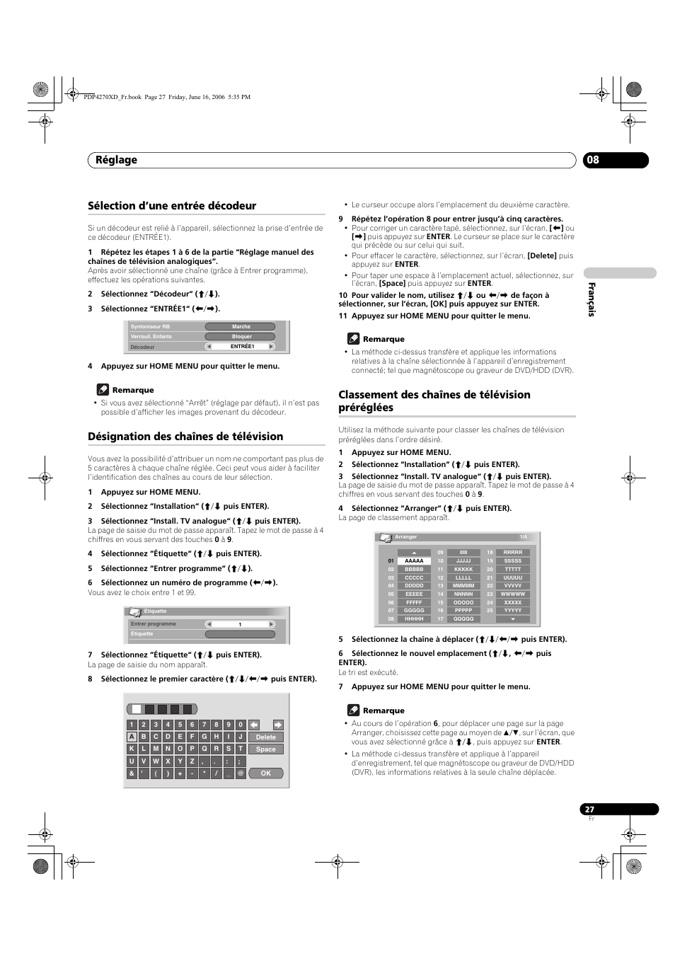 Sélection d’une entrée décodeur, Désignation des chaînes de télévision, Classement des chaînes de télévision préréglées | Réglage 08, Français | Pioneer PDP-4270XD User Manual | Page 85 / 176