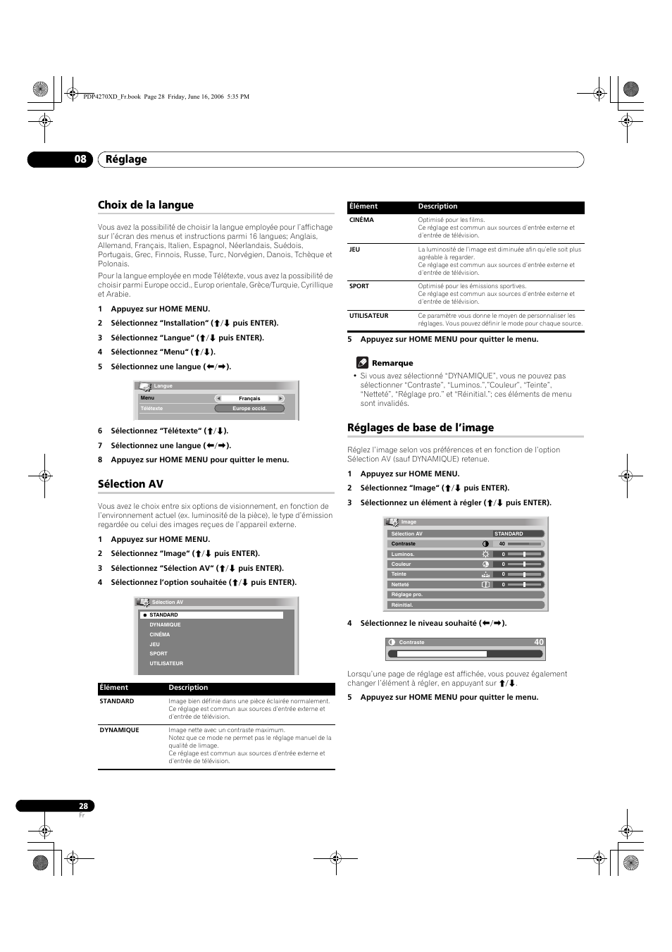 Choix de la langue, Sélection av, Réglages de base de l’image | Réglage 08 | Pioneer PDP-4270XD User Manual | Page 86 / 176