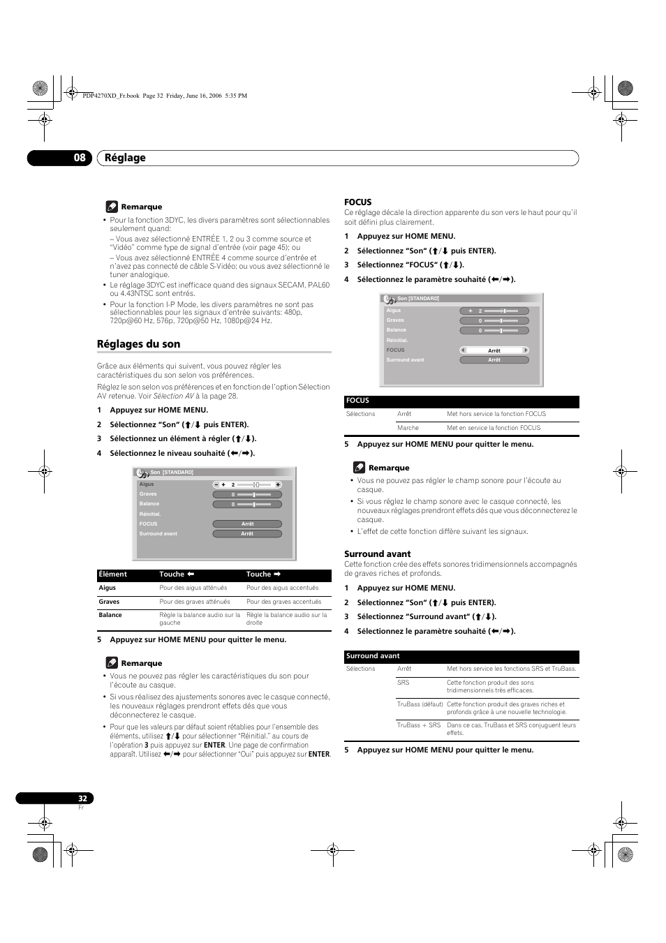 Réglages du son, Focus, Surround avant | Réglage 08 | Pioneer PDP-4270XD User Manual | Page 90 / 176