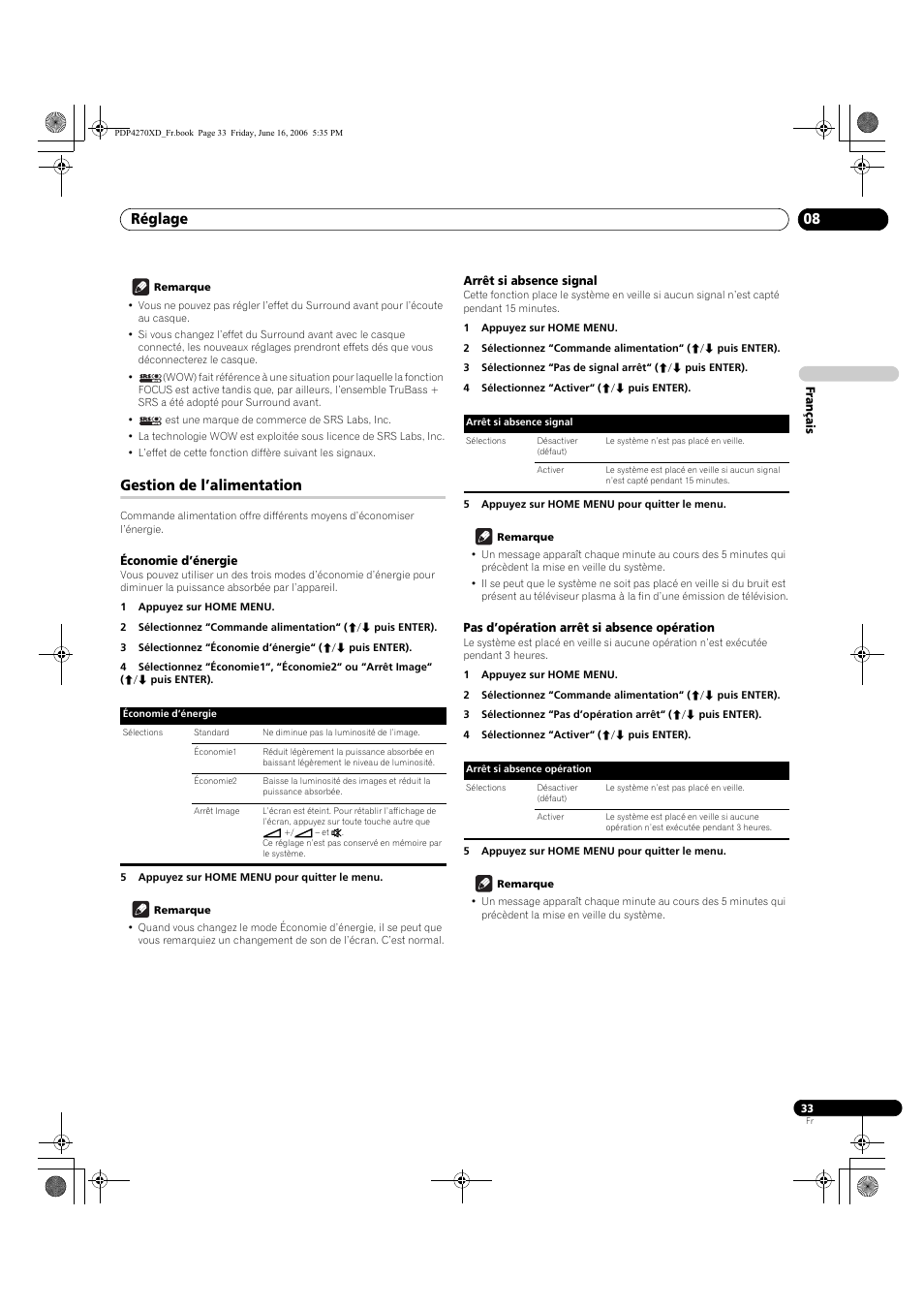 Gestion de l’alimentation, Économie d’énergie, Arrêt si absence signal | Pas d’opération arrêt si absence opération, Réglage 08 | Pioneer PDP-4270XD User Manual | Page 91 / 176