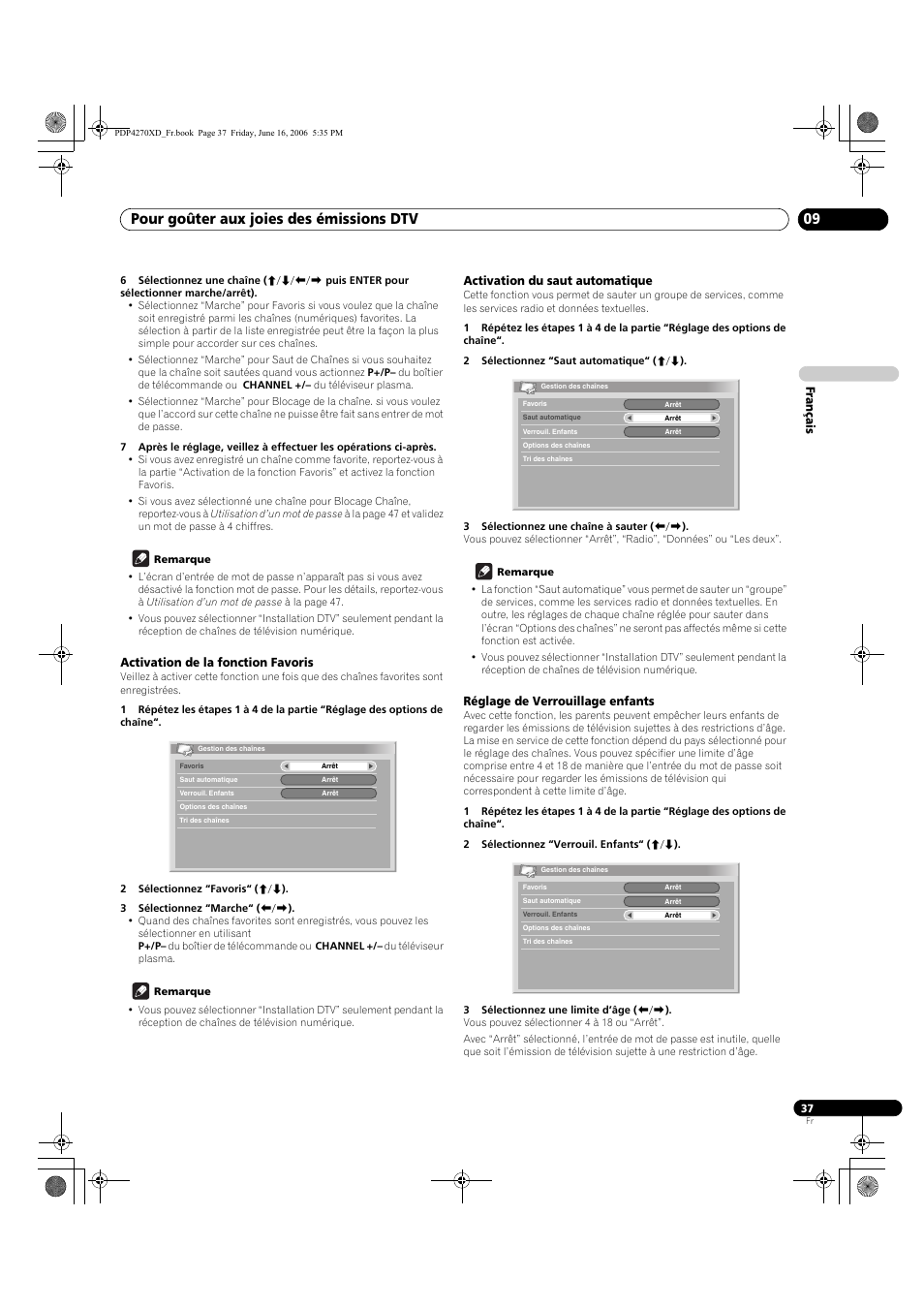 Activation de la fonction favoris, Activation du saut automatique, Réglage de verrouillage enfants | Pour goûter aux joies des émissions dtv 09 | Pioneer PDP-4270XD User Manual | Page 95 / 176