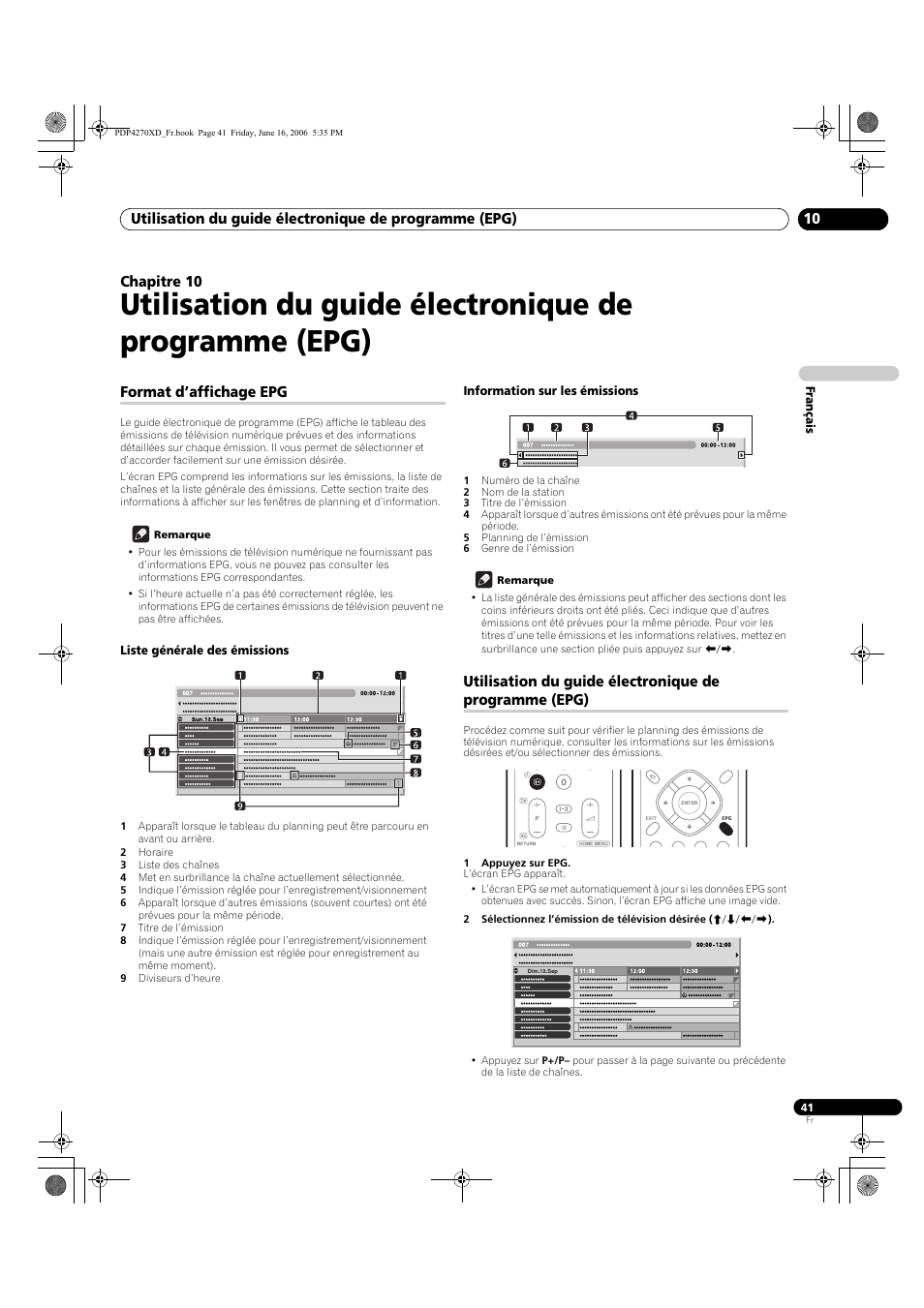 Format d’affichage epg, Liste générale des émissions, Information sur les émissions | Chapitre 10 | Pioneer PDP-4270XD User Manual | Page 99 / 176