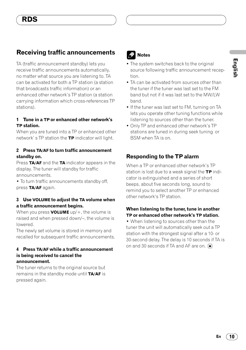 Receiving traffic announcements 10, Responding to the tp alarm 10, Receiving traffic announcements | Pioneer KEH-P4020R User Manual | Page 11 / 68