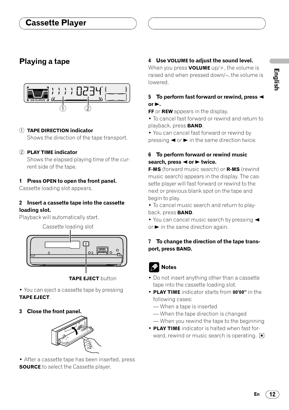 Cassette player, Playing a tape 12, Playing a tape | Pioneer KEH-P4020R User Manual | Page 13 / 68