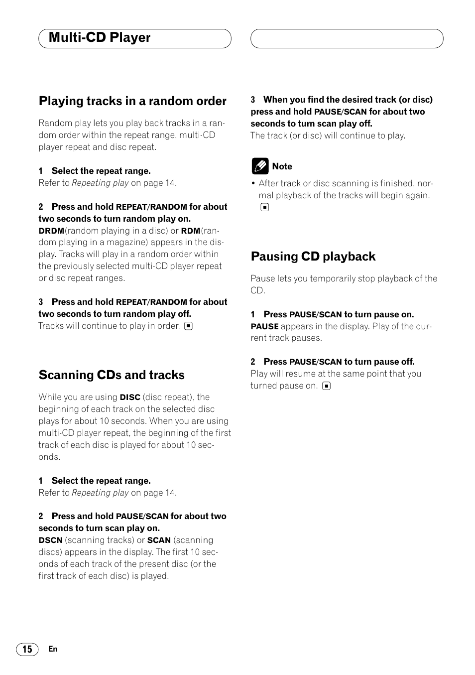 Multi-cd player, Playing tracks in a random order, Scanning cds and tracks | Pausing cd playback | Pioneer KEH-P4020R User Manual | Page 16 / 68