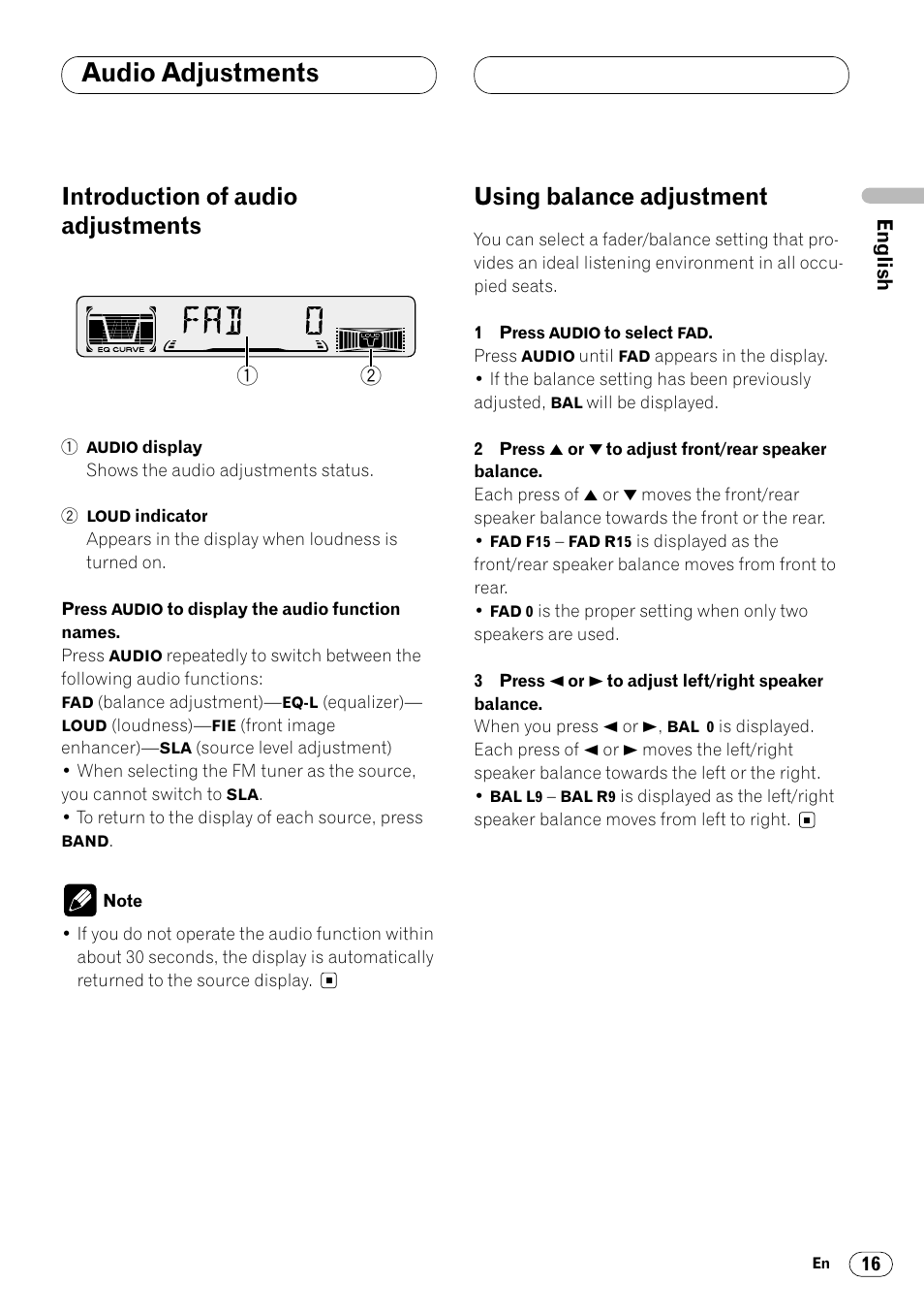 Audio adjustments, Introduction of audio adjustments, Using balance adjustment | Pioneer KEH-P4020R User Manual | Page 17 / 68