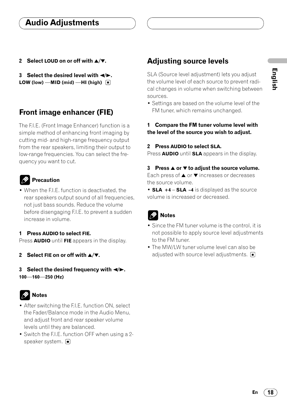 Initial settings, Audio adjustments, Front image enhancer (fie) | Adjusting source levels | Pioneer KEH-P4020R User Manual | Page 19 / 68