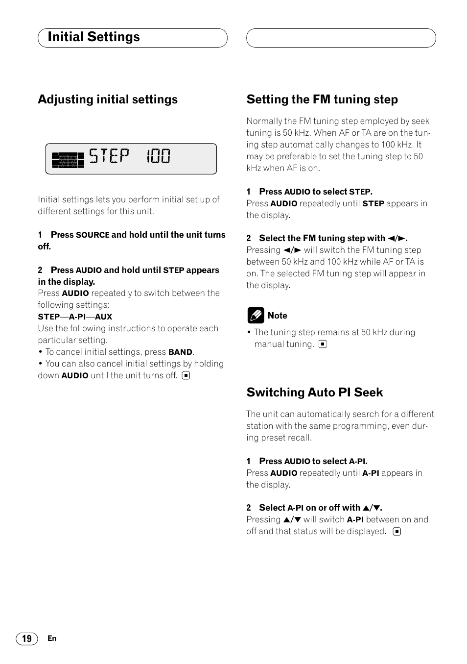 Initial settings, Adjusting initial settings, Setting the fm tuning step | Switching auto pi seek | Pioneer KEH-P4020R User Manual | Page 20 / 68