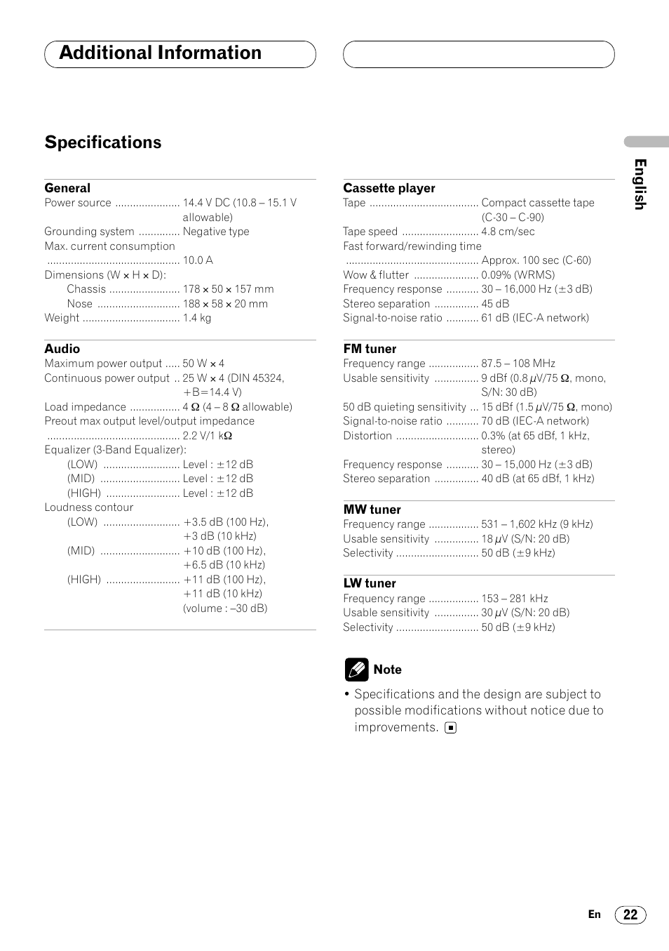 Specifications 22, Additional information, Specifications | Pioneer KEH-P4020R User Manual | Page 23 / 68