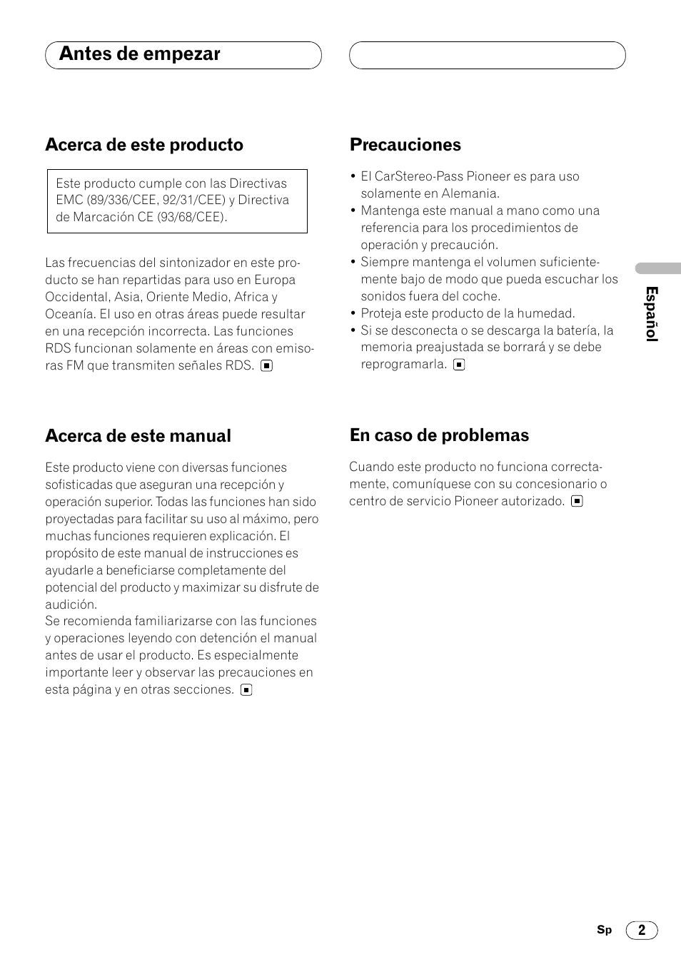 Antes de empezar, Acerca de este producto, Acerca de este manual | Precauciones, En caso de problemas | Pioneer KEH-P4020R User Manual | Page 25 / 68