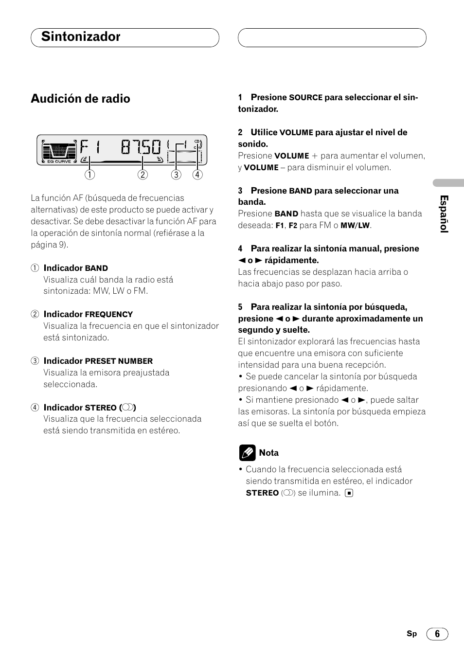 Sintonizador, Audición de radio, Audición de radio 6 | Pioneer KEH-P4020R User Manual | Page 29 / 68