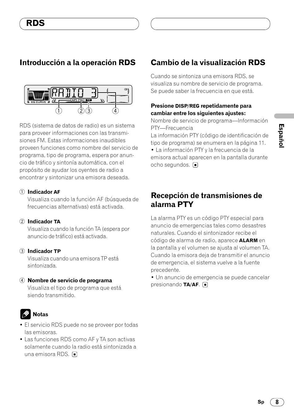 Introducción a la operación rds, Cambio de la visualización rds, Recepción de transmisiones de | Pty 8, Recepción de transmisiones de alarma pty | Pioneer KEH-P4020R User Manual | Page 31 / 68