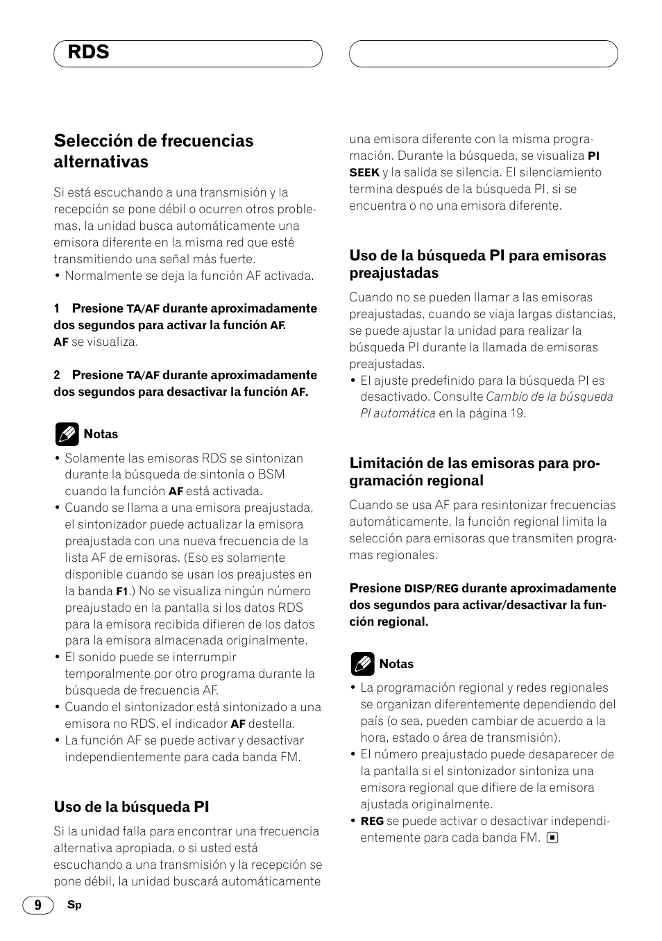 Selección de frecuencias, Uso de la búsqueda pi, Uso de la búsqueda pi para emisoras | Limitación de las emisoras para pro-gramación, Selección de frecuencias alternativas 9, Preajustadas 9, Limitación de las emisoras para progra, Mación regional 9, Selección de frecuencias alternativas | Pioneer KEH-P4020R User Manual | Page 32 / 68