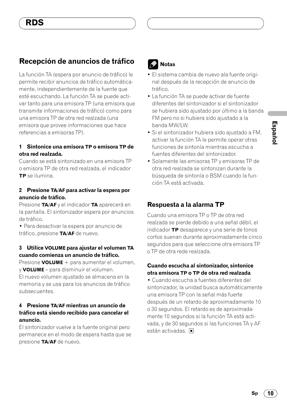 Recepción de anuncios de tráfico, Respuesta a la alarma tp, Recepción de anuncios de tráfico 10 | Respuesta a la alarma tp 10 | Pioneer KEH-P4020R User Manual | Page 33 / 68