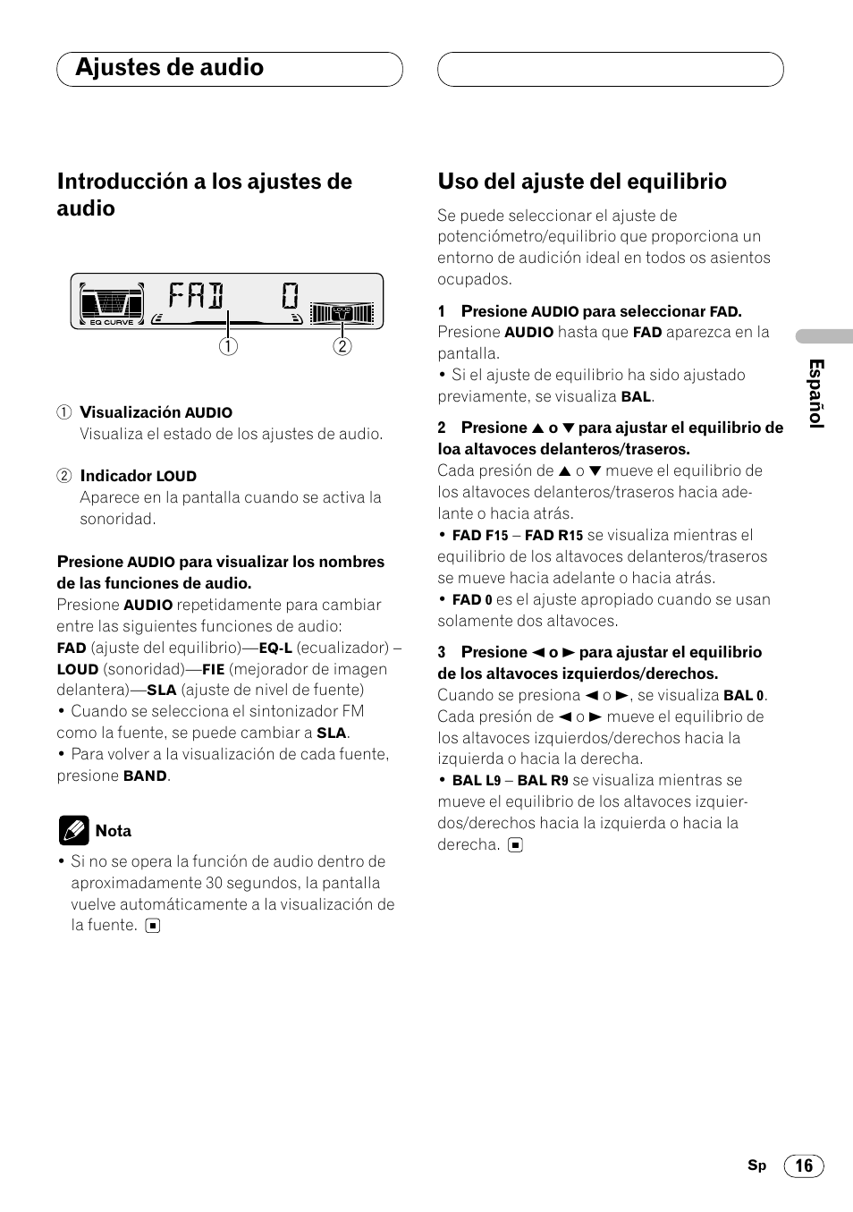 Introducción a los ajustes de, Uso del ajuste del equilibrio, Ajustes de audio | Introducción a los ajustes de audio | Pioneer KEH-P4020R User Manual | Page 39 / 68