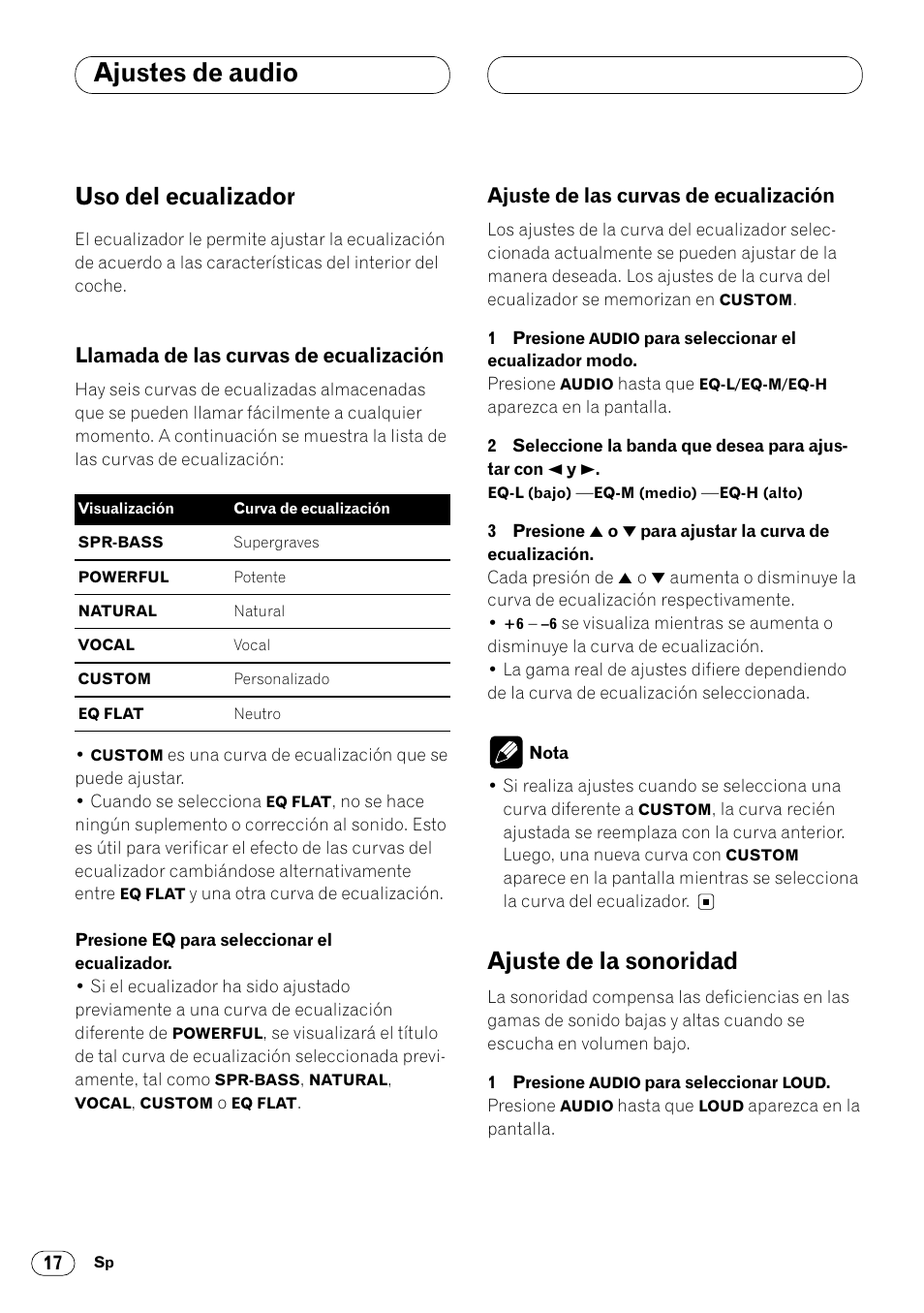 Uso del ecualizador, Llamada de las curvas de ecualización, Ajuste de las curvas de ecualización | Ajuste de la sonoridad, Uso del ecualizador 17, Llamada de las curvas de, Ecualización 17, Ajuste de las curvas de ecualización 17, Ajuste de la sonoridad 17, Ajustes de audio | Pioneer KEH-P4020R User Manual | Page 40 / 68