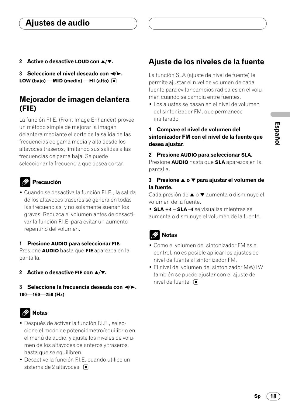 Mejorador de imagen delantera, Ajuste de los niveles de la fuente, Ajustes de audio | Mejorador de imagen delantera (fie) | Pioneer KEH-P4020R User Manual | Page 41 / 68