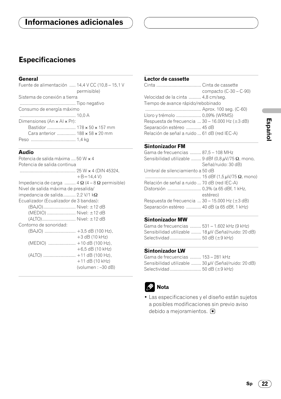 Especificaciones 22, Informaciones adicionales, Especificaciones | Pioneer KEH-P4020R User Manual | Page 45 / 68