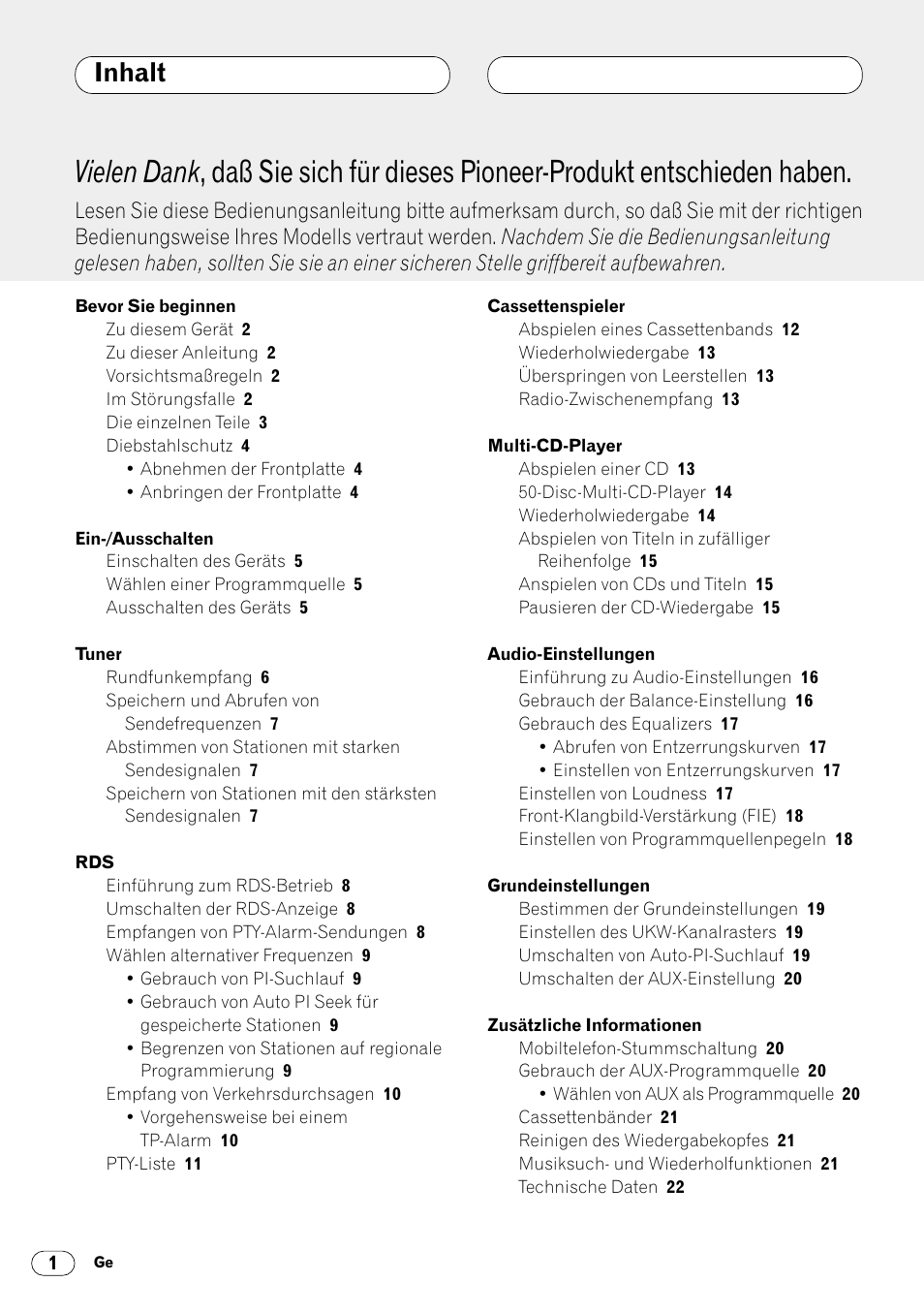 Inhalt | Pioneer KEH-P4020R User Manual | Page 46 / 68