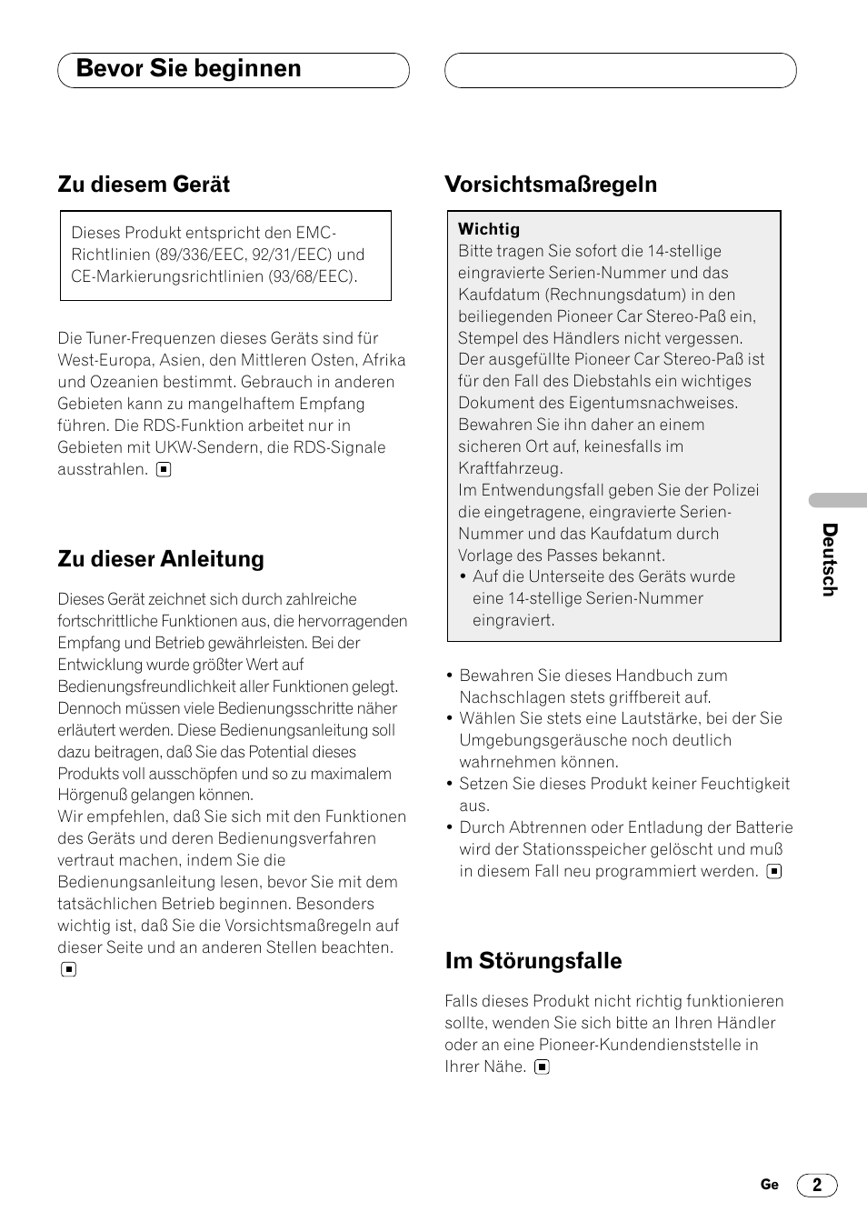 Bevor sie beginnen, Zu diesem gerät, Zu dieser anleitung | Vorsichtsmaßregeln, Im störungsfalle | Pioneer KEH-P4020R User Manual | Page 47 / 68