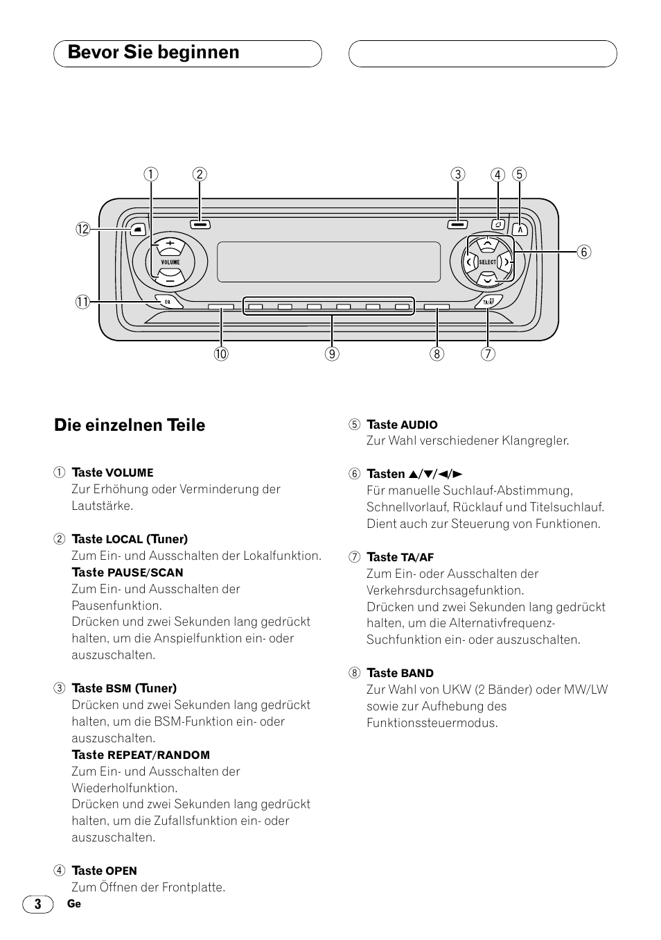 Die einzelnen teile, Die einzelnen teile 3, Bevor sie beginnen | Pioneer KEH-P4020R User Manual | Page 48 / 68