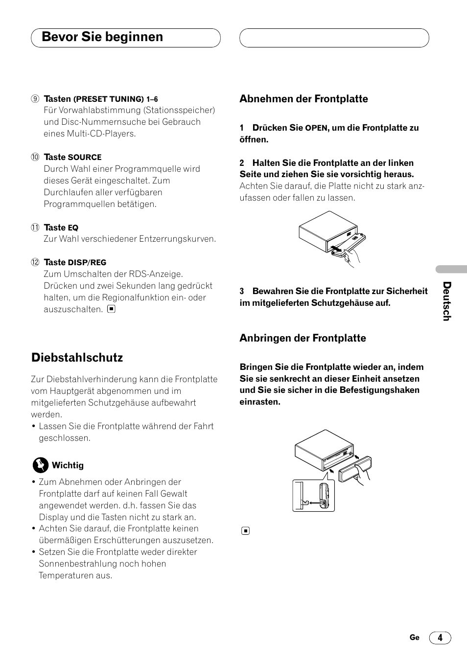 Diebstahlschutz, Abnehmen der frontplatte, Anbringen der frontplatte | Diebstahlschutz 4, Bevor sie beginnen | Pioneer KEH-P4020R User Manual | Page 49 / 68