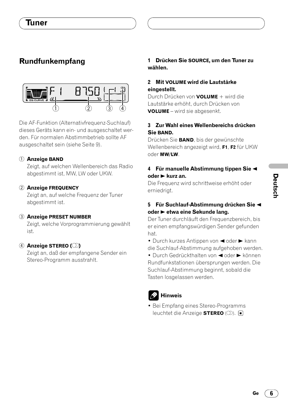Tuner, Rundfunkempfang, Rundfunkempfang 6 | Pioneer KEH-P4020R User Manual | Page 51 / 68