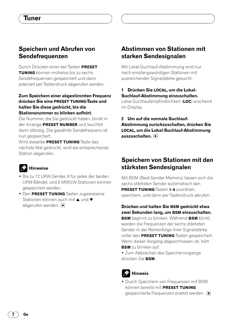 Speichern und abrufen von, Abstimmen von stationen mit, Speichern von stationen mit den | Sendefrequenzen 7, Abstimmen von stationen mit starken, Sendesignalen 7, Speichern von stationen mit den stärksten, Tuner, Speichern und abrufen von sendefrequenzen, Abstimmen von stationen mit starken sendesignalen | Pioneer KEH-P4020R User Manual | Page 52 / 68