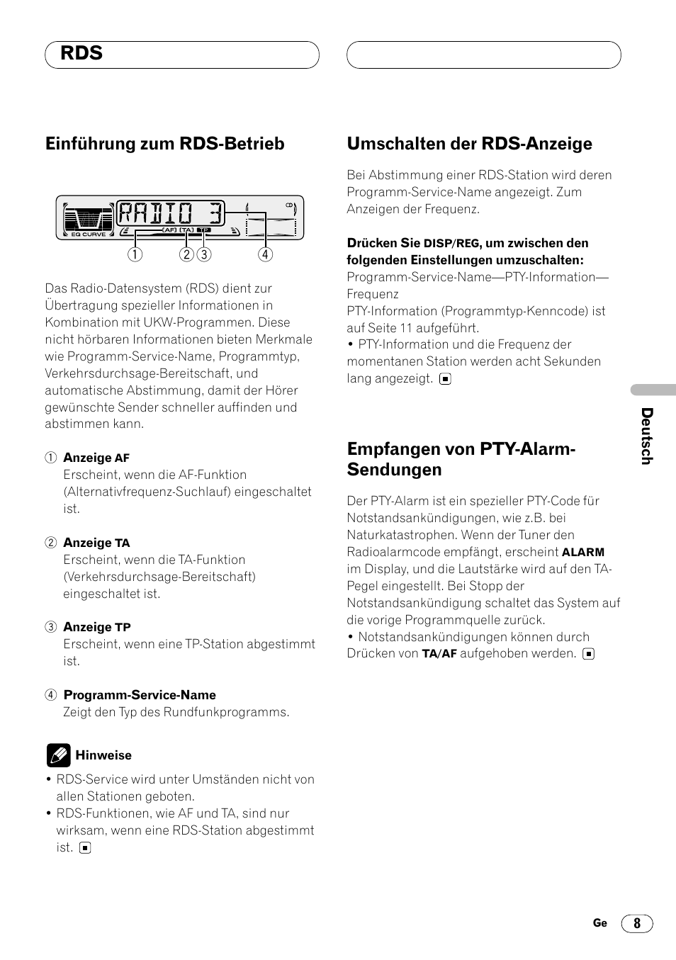 Einführung zum rds-betrieb, Umschalten der rds-anzeige, Empfangen von pty | Empfangen von pty-alarm- sendungen | Pioneer KEH-P4020R User Manual | Page 53 / 68