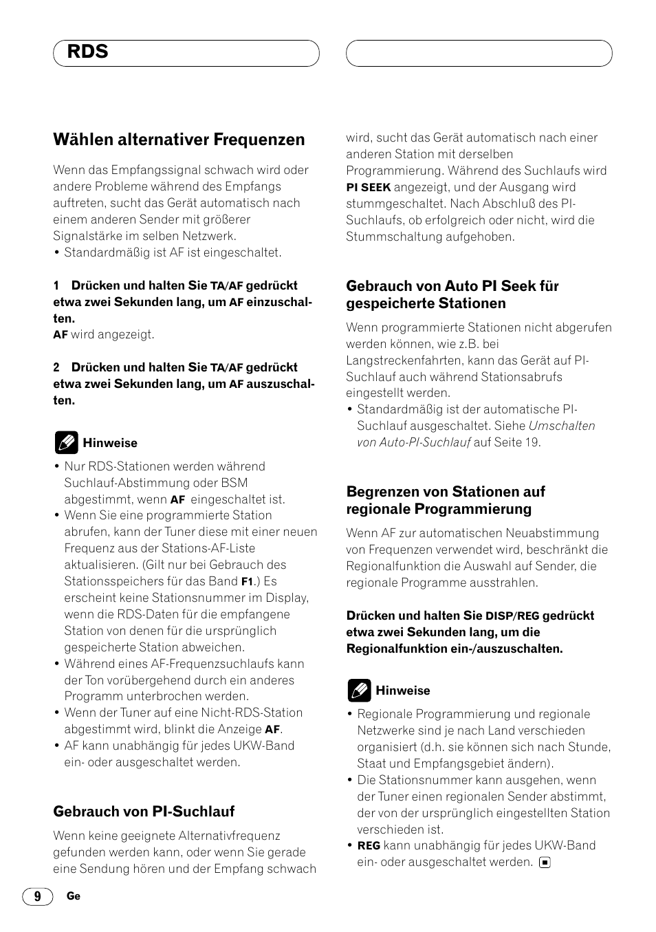 Wählen alternativer frequenzen, Gebrauch von pi-suchlauf, Gebrauch von auto pi seek für | Begrenzen von stationen auf, Wählen alternativer frequenzen 9, Gespeicherte stationen 9, Begrenzen von stationen auf regionale, Programmierung 9 | Pioneer KEH-P4020R User Manual | Page 54 / 68