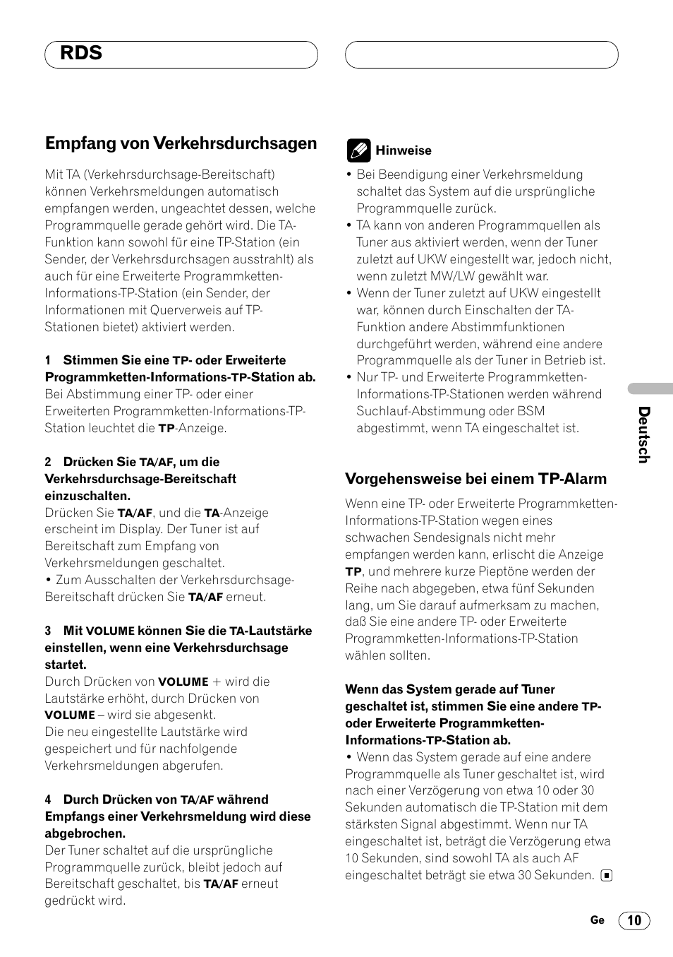 Empfang von verkehrsdurchsagen, Vorgehensweise bei einem tp-alarm, Empfang von verkehrsdurchsagen 10 | Vorgehensweise bei einem, Tp-alarm 10 | Pioneer KEH-P4020R User Manual | Page 55 / 68