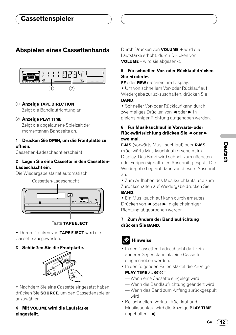 Cassettenspieler, Abspielen eines cassettenbands, Abspielen eines cassettenbands 12 | Pioneer KEH-P4020R User Manual | Page 57 / 68