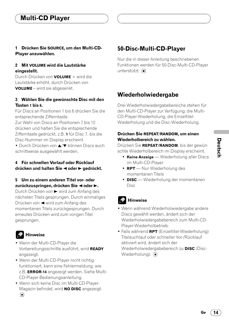 Disc-multi-cd-player, Wiederholwiedergabe, Disc-multi-cd-player 14 wiederholwiedergabe 14 | Multi-cd player | Pioneer KEH-P4020R User Manual | Page 59 / 68