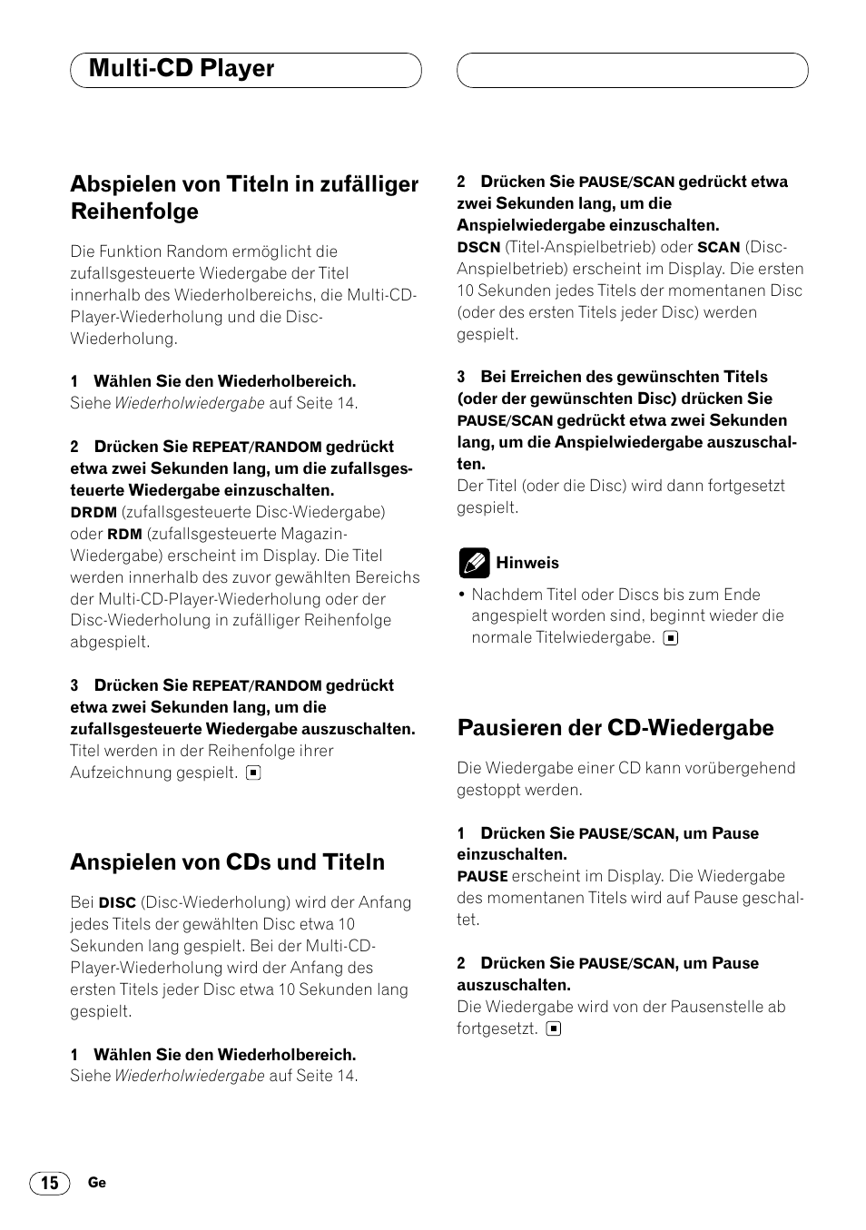 Abspielen von titeln in zufälliger, Anspielen von cds und titeln, Pausieren der cd-wiedergabe | Reihenfolge 15, Multi-cd player, Abspielen von titeln in zufälliger reihenfolge | Pioneer KEH-P4020R User Manual | Page 60 / 68
