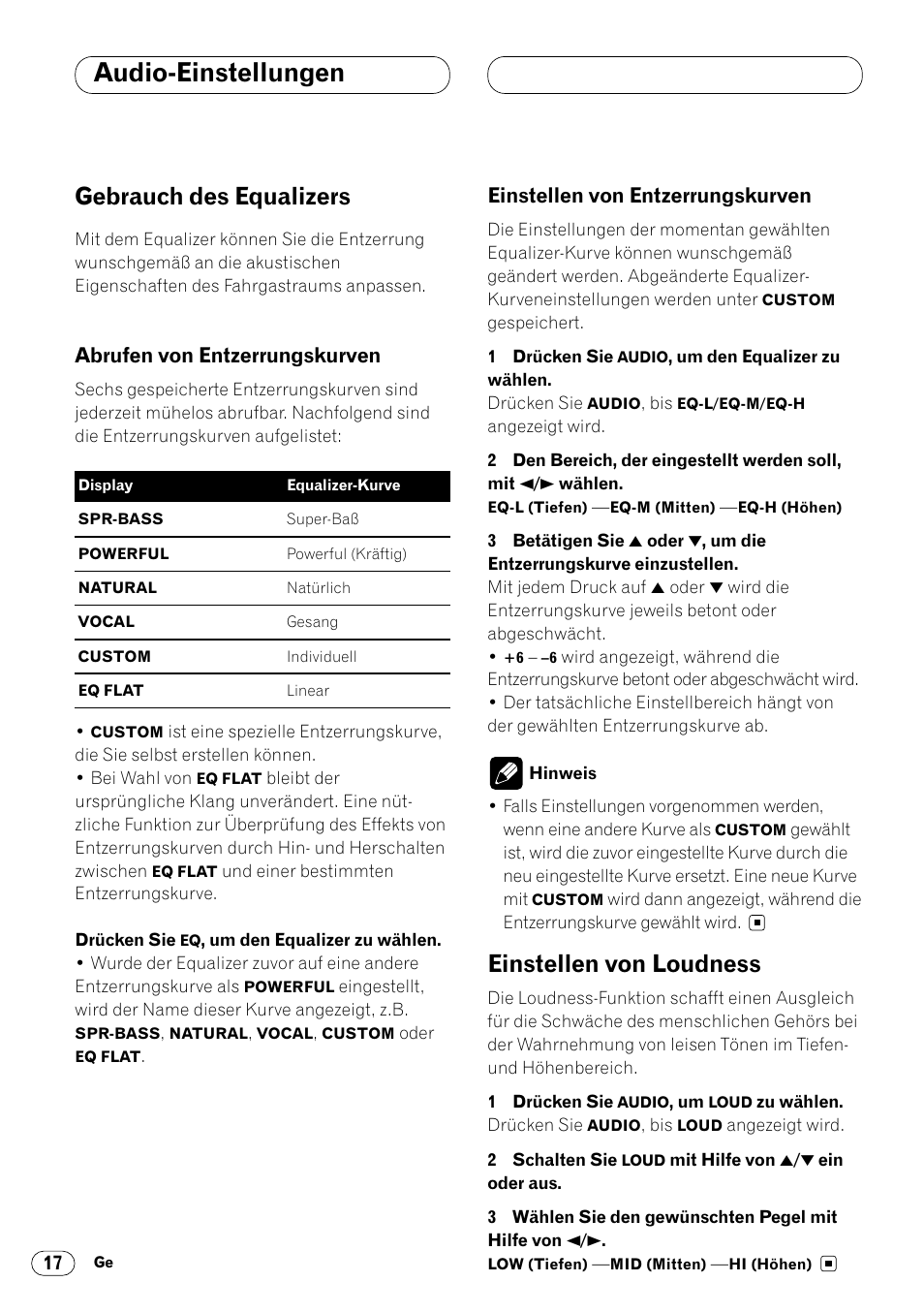 Gebrauch des equalizers, Abrufen von entzerrungskurven, Einstellen von entzerrungskurven | Einstellen von loudness, Gebrauch des equalizers 17, Einstellen von loudness 17, Audio-einstellungen | Pioneer KEH-P4020R User Manual | Page 62 / 68