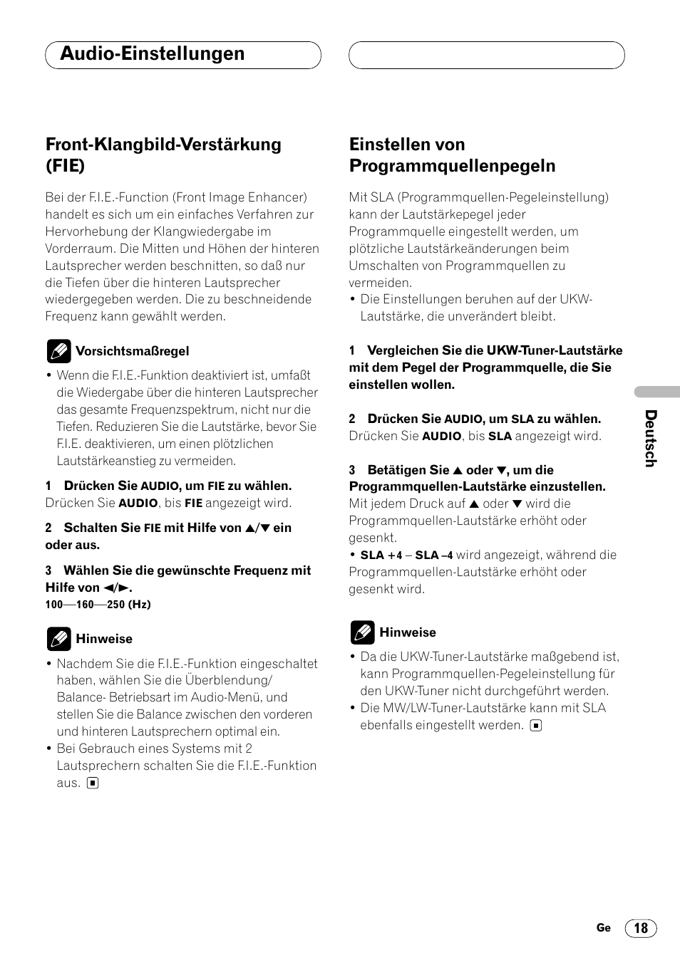 Front-klangbild-verstärkung, Einstellen von, Audio-einstellungen | Front-klangbild-verstärkung (fie), Einstellen von programmquellenpegeln | Pioneer KEH-P4020R User Manual | Page 63 / 68