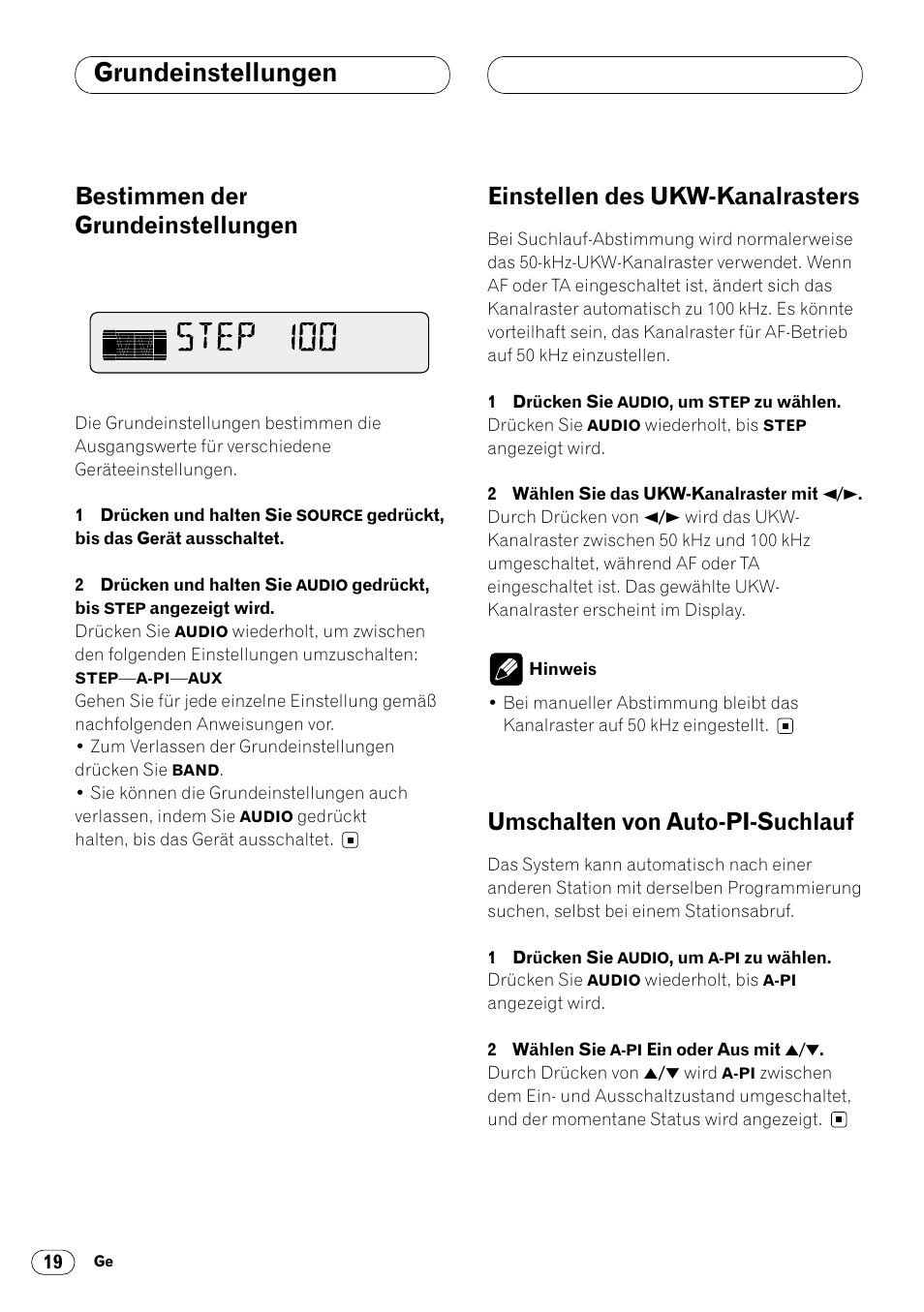 Grundeinstellungen, Bestimmen der, Einstellen des ukw-kanalrasters | Umschalten von auto-pi-suchlauf, Bestimmen der grundeinstellungen | Pioneer KEH-P4020R User Manual | Page 64 / 68